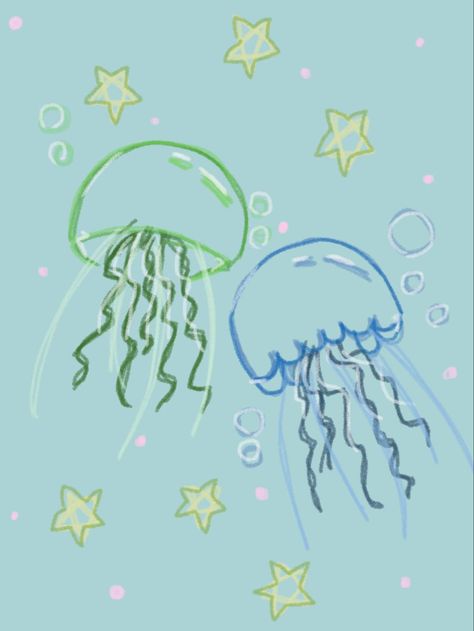 Sea Aesthetic Cartoon, Jelly Fish Cute Drawing, Cute Underwater Drawing, Sea Animals Aesthetic Drawing, Cute Ocean Drawings Easy, Cute Jellyfish Drawing Easy, Ocean Doodles Aesthetic, Aesthetic Ocean Drawing, Jellyfish Cute Drawing