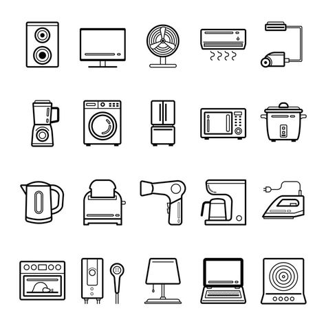 Household appliances outline icon set Household Items Drawing, Kitchen Drawing, Household Appliance, Eye Sketch, Canvas Painting Diy, Clipart Black And White, House Drawing, Free Clipart, Household Appliances