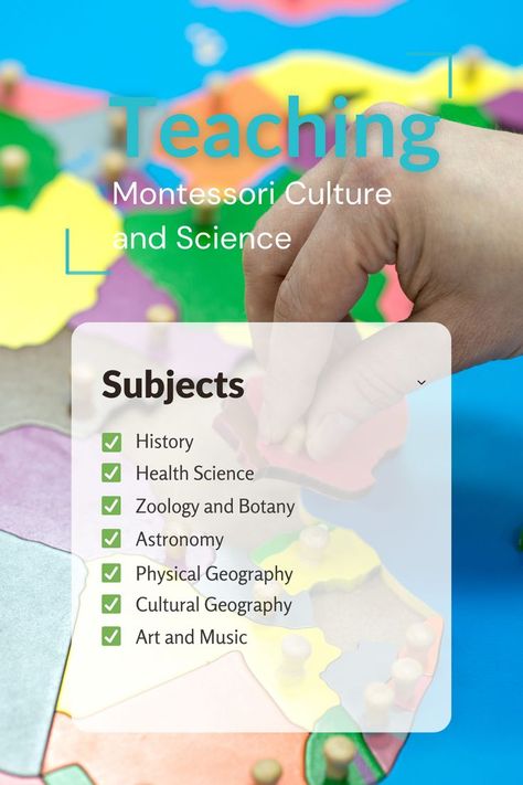 Montessori map puzzle and list of culture and science subject areas Montessori Culture, How To Stay Organized, Montessori Teacher, Montessori Geography, Physical Geography, Science Curriculum, Zoology, Health Science, The Culture