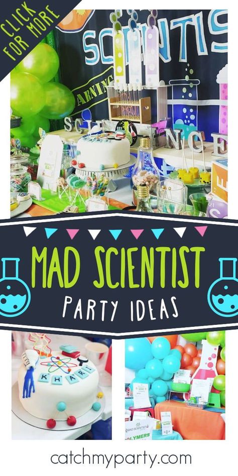 Science Party Snacks, Mad Scientist Cake, Science Party Food Ideas, Mad Science Birthday Cake, Science Birthday Cake, Mad Scientist Birthday Party Decorations, Mad Science Party Activities, Science Party Food, Mad Scientist Party Experiments