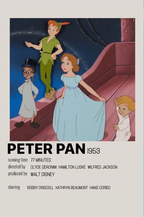 Peter Pan Minimalist Poster, Peter Pan Movie Poster, Peter Pan Poster, Minimalistic Polaroid Poster, Kathryn Beaumont, Film Peter Pan, Movies Animated, Bobby Driscoll, Peter Pan Movie