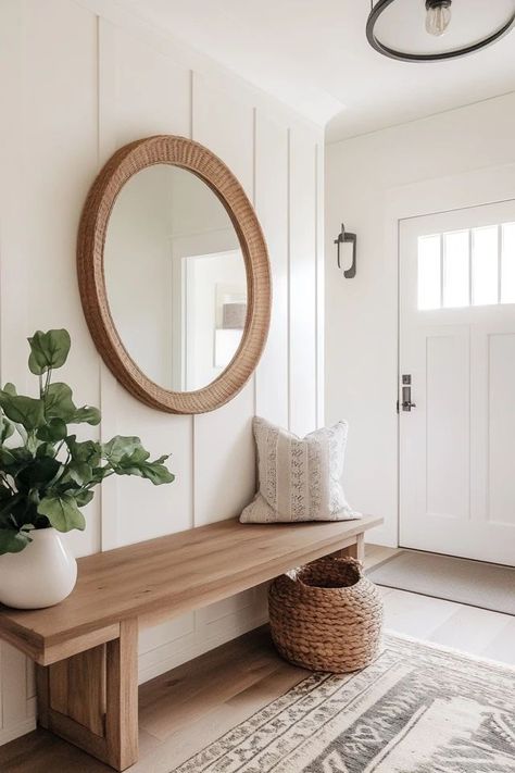 "Add a touch of Nordic simplicity to your entryway with Scandinavian Decor! 🍃✨ A great way to create a warm and organized space. 🌿✨ #ScandinavianEntryway #HomeDecorIdeas #MinimalistInspiration" Nordic Hallway Entrance, Open Entry Way Ideas, White Entryway Ideas, Mcm Entryway Ideas, Modern Entry Way Ideas, Entryway Bench And Mirror, Entryway Shiplap Wall, Hall Entryway Ideas, Small Entry Way Ideas Narrow Hallways