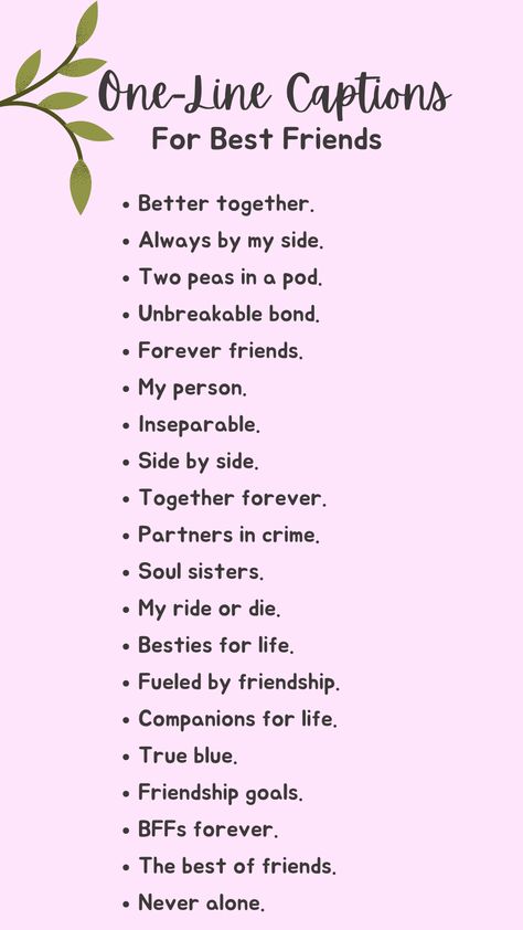 Looking for the perfect one-line caption for your best friend? Look no further than CuteCaption.com, where you'll find a variety of cute and catchy phrases that will make your BFF feel special. Beautiful Captions For Best Friend, Phrases About Friends, Caption For Bff Pics, Friends One Word Caption, Friendship Aesthetic Captions, Dairy Decoration Ideas For Best Friend, Special Friend Quotes Friendship Bff, Friendship One Word Caption, One Word To Describe Best Friend