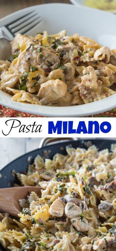 Pasta Milano, Macaroni Grill Recipes, Sundried Tomato Sauce, Wheat Pasta Recipes, Bow Tie Pasta Recipe, Macaroni Grill, Chicken And Mushrooms, Grilled Dinner, Best Pasta Recipes