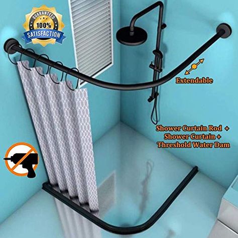 Black Corner Shower, Corner Shower Curtain, Corner Shower Curtain Rod, Ideas De Closets, Small Bathroom Plans, Curved Shower Rod, Water Dam, Small Bathroom Layout, Beautiful Bathroom Designs