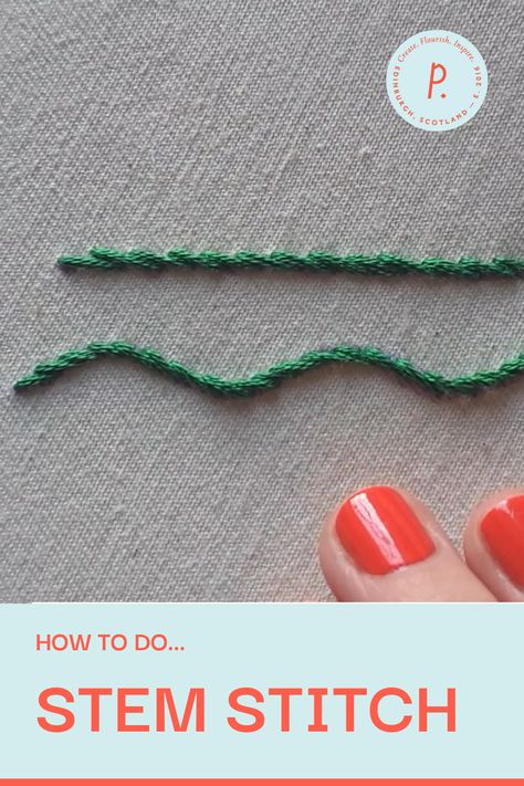 How to do Stem Stitch Embroidery Stitches For Stems, Best Embroidery Stitch For Letters, How To Stem Stitch, Single Stitch Embroidery, Embroidery Stem Stitch Tutorial, Hand Embroidery Stem Stitch, Pretty Embroidery Stitches, How To Stem Stitch Embroidery, Stem Embroidery Stitch