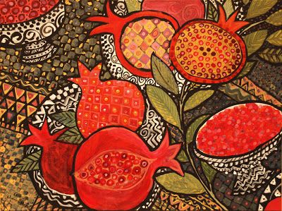 Chanan Mazal - Jerusalem Art Blog: August 2007 Pomegranate Art, Pomegranate Design, Judaica Art, Fruit Illustration, Fruit Painting, Jewish Art, Naive Art, Menorah, Pattern Drawing