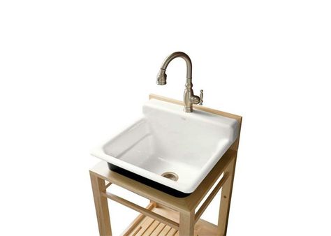 A closer look at the no-nonsense utility sink. Utility Sinks, Basement Laundry Room, Wood Sink, Laundry Room Sink, Laundry Sink, Contemporary Bathroom Vanity, Utility Sink, Laundry Mud Room, Mini Kitchen