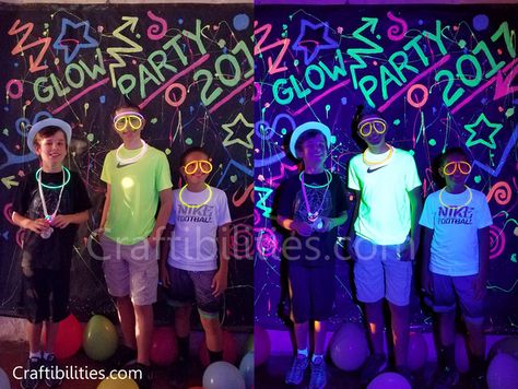 DIY Black Light GLOW PARTY idea - NEON paint backdrop - photo booth - FUN DECOR Glow Photo Booth, Glow In The Dark Photo Booth, Neon Party Photo Booth, Highlighter Party, 80s Backdrop, Diy Black Light, Paint Backdrop, Backdrop Easy, Glow Dance