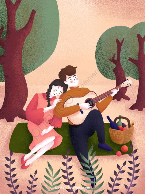 Intimate Couple Going Out For A Picnic Playing Guitar Original Illustration Poster illustration image Playing Guitar Illustration, Guitar Couple, Typography Background, Couple Scene, Singing Drawing, Painting Love Couple, Pink Clouds Wallpaper, Guitar Illustration, Music Drawings