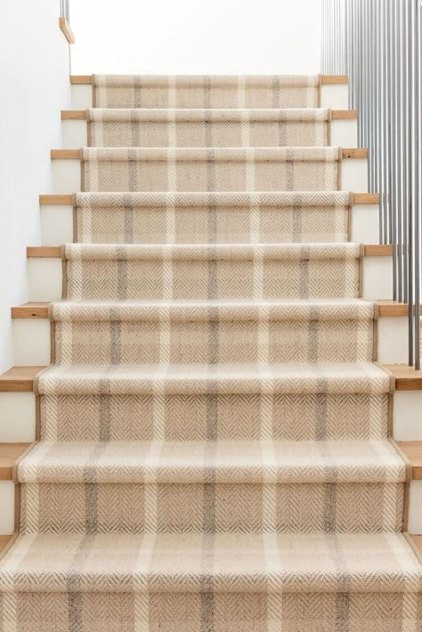 Tattersall Carpet from Stanton in The McGee Home. Carpet In Modern Farmhouse, Mcgee And Co Carpet, Neutral Runner Stairs, Runner On White Oak Stairs, Mcgee And Co Staircase, Stair Runner On Light Wood, Masland Carpet Stairs, Plaid Stair Runner Carpet, Wooden Stair Runner