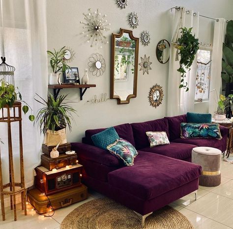 Boho Lounge Room, Boho Family Room, Spanish Home Interior, Spanish Home, Love Seats, Boho Lounge, Purple Sofa, Apartments Decorating, Bohemian Furniture