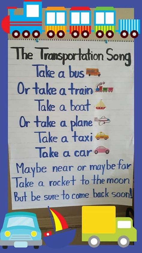 Transportation song to sing or read along on anchor chart paper. Where We Are In Place And Time, Transportation Art Activities Preschool, Transportation Process Art Preschool, Transportation Chart Preschool, Transport Chart For Kindergarten, Transportation Crafts Kindergarten, Transportation Study Creative Curriculum, Transportation For Preschoolers, Transportation Theme Prek