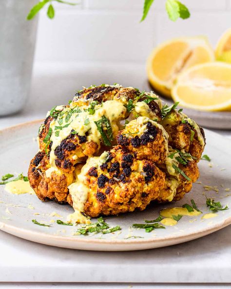 Whole Grilled Cauliflower - Cooking With Elo Grilled Cauliflower Head, Smoked Cauliflower, Pitta Diet, Grilled Potato Wedges, Bbq Cauliflower, Cauliflower Hummus, Grilled Cauliflower, Vata Pitta, Healthy Meal Recipes