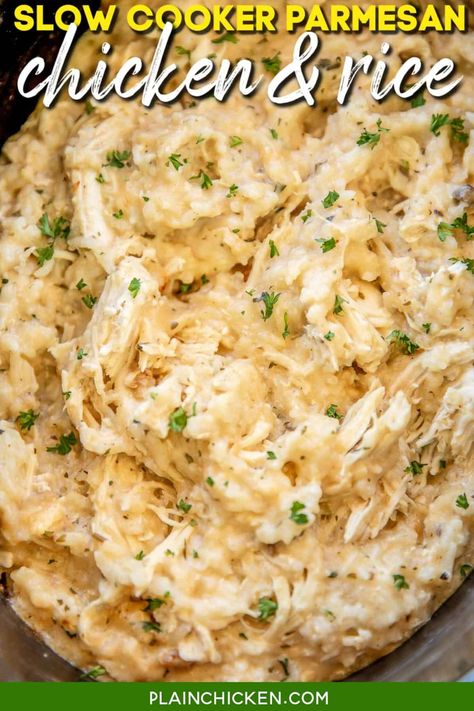 Slow Cooker Parmesan Chicken and Rice - a quick and easy weeknight recipe! Just dump everything in the slow cooker and dinner is done! Only 5 ingredients - chicken, Lipton's Garlic Soup mix, cream of chicken soup, milk and rice.Can add some mixed veggies too! Everyone cleaned their plate! Leftovers taste great too! YUM! #slowcooker #crockpot #chicken #familydinner Parmesan Chicken And Rice, Chicken And Rice Crockpot, Plain Rice, Chicken Risotto, Mixed Veggies, Garlic Soup, Parmesan Chicken, Crockpot Dishes, Chicken And Rice