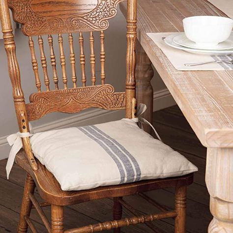 Amazon.com: Market Place Blue Chair Pad, 16" x 16” Farmhouse Décor Seat Cushion, Cream & Blue: Kitchen & Dining Chair Cushions Kitchen, Dining Chair Seat Cushions, Chair Pads Diy, Farmhouse Chair Cushions, Nj House, Stripe Chair, Farmhouse Style Chairs, Farmhouse Style Kitchen Decor, French Country Chairs