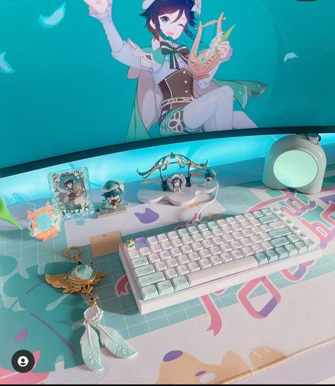 Genshin Impact Gaming Setup, Genshin Room Decor, Genshin Impact Room, Genshin Room, Gaming Bedroom Ideas, Video Game Room Decor, Kawaii Room Ideas, Gaming Desk Setup, Interior Design Layout