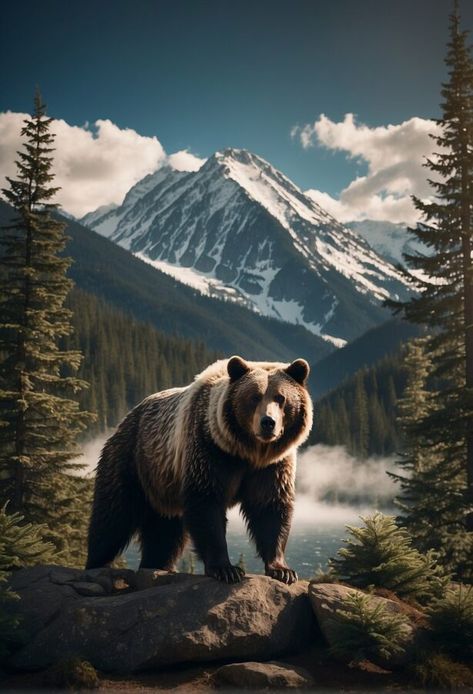 A majestic brown bear standing on a rocky mountain slope, its fur blending with the rugged terrain, with distant peaks and a cloudy sky in the background. Walking Bear Tattoo, Bear Mountain Tattoo, Wildlife Tattoos For Men, Brown Bear Tattoo, Roaring Lion Tattoo, Grizzly Bear Tattoos, Wood Tattoo, Wildlife Tattoo, Bear Tattoo Designs