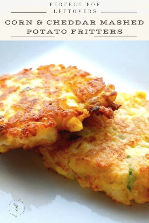 With the holidays approaching, it's inevitable that you'll have leftovers. These fritters made with leftover corn and mashed potatoes are one of our most popular recipes and they're SO GOOD!!! #fritters #cornfritters #potatofritters #Leftovers Mashed Potato Fritters, Leftover Corn, Cheddar Mashed Potatoes, Corn Fritter Recipes, Mashed Potato Cakes, Pasta Al Pesto, Potato Fritters, Potato Patties, Sweet Husband