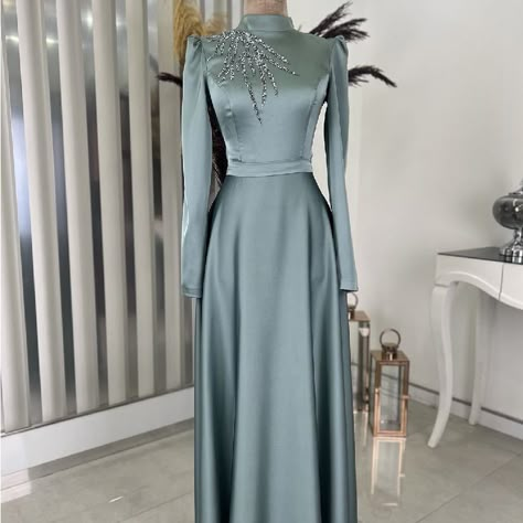 Wedding Guest Satin Round Neck Breast: 90 Cm Waist: 74 Cm Length: 140 Cm Long Sleeve Maxi Evening Dress, Long Dress Modest, Evening Long Dress, Modest Woman, Dress Islamic, Muslim Evening Dresses, Empire Maxi Dress, Short Maxi Dress, Dubai Abaya