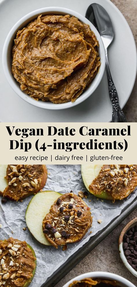 This vegan date caramel recipe is made with just 4 simple ingredients. It’s so easy to make and can be used as a dip, spread, or as a sweetener to a variety of meals or snacks! Date Spread Recipes, Date Snacks, Veg Desserts, Date Spread, Healthy Caramel Apple, Walder Wellness, Date Caramel, Healthier Treats, Caramel Recipe