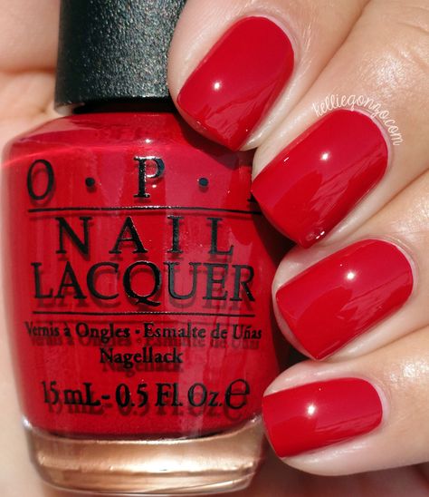 OPI Love Is In My Cards is a red crème nail polish / lacquer // @kelliegonzoblog Christmas Red Opi Gel, Opi Christmas Red, Opi Red Nail Polish Shades, Opi Red Nail Polish, Opi Red, Opi Nail Colors, Red Manicure, Cream Nails, Red Nail Polish