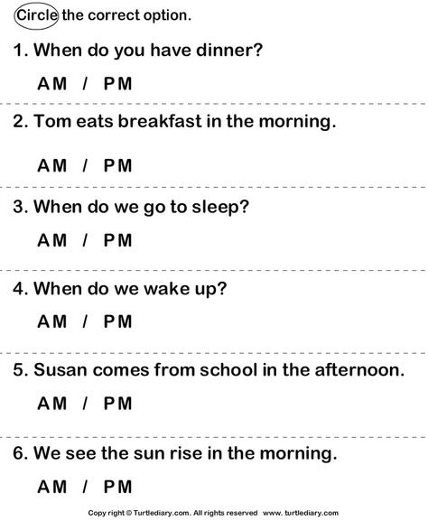 Am And Pm 1 Worksheet - TurtleDiary.com Am And Pm Activities, Am And Pm Worksheets, Time Worksheets For Grade 1, Class 1 Maths, Mental Maths Worksheets, Worksheets For Class 1, Telling Time Worksheets, 3rd Grade Math Worksheets, 1 Worksheet