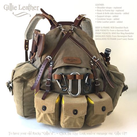 Bushcraft Ruck has been Gillie'd by Gillie Leather. It has parts from 5 different countries added to an M39 Swedish Ruck frame and body. Hiking Gear List, Camping Bags, Bushcraft Backpack, Bushcraft Kit, Camping Gear Survival, Shtf Survival, Camping Uk, Bush Craft, Survival Backpack