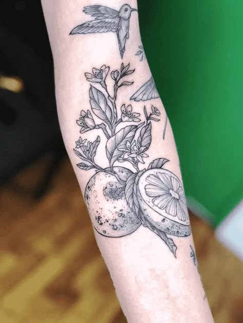 Orange Vine Tattoo, Half Orange Tattoo, Clementine Tattoo Black And White, Florida Orange Tattoo, Orange Blossom Tattoo Black And White, Orange Tattoo Ideas, Orange Tattoo Black And White, Orange Branch Tattoo, Orange Tree Tattoo