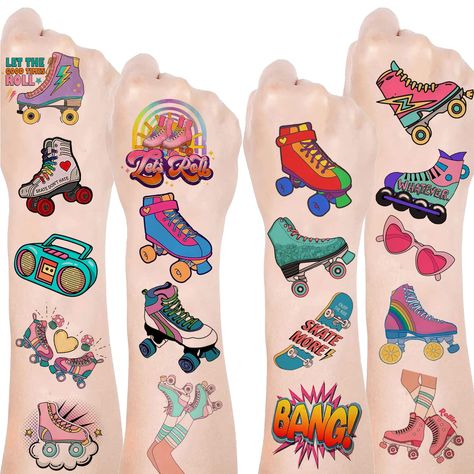 PRICES MAY VARY. Roller Skate Party Supplies for Game Fans: Fashion Skate tattoos play at the party, 8 sheets X 2 same patterns of each sheet, a total of 16 sheet and 192pcs patterns! Different kinds patterns can be worn arms, faces, hands anywhere you want a touch of glamour. Add atmosphere to your roller skating party. High Quality Roller Skating Tattoos: These tattoos made of high quality safety and green paper, Non-allergenic and totally safe for skin. Let them enjoy the party better. These cool roller skate temporary tattoo stickers including various cartoon characters, colors are bright, and designs are adorable, which are attractive to the activity. You Will Love These Tattoos in Your Party: You will love having these wonderful roller skating party supplies for your big day, and you Roller Skating Party Favors, Skate Tattoos, Skate Party Favors, Skate Tattoo, Roller Skate Party, Roller Skating Party, Skating Party, 90's Birthday Party, 90s Throwback