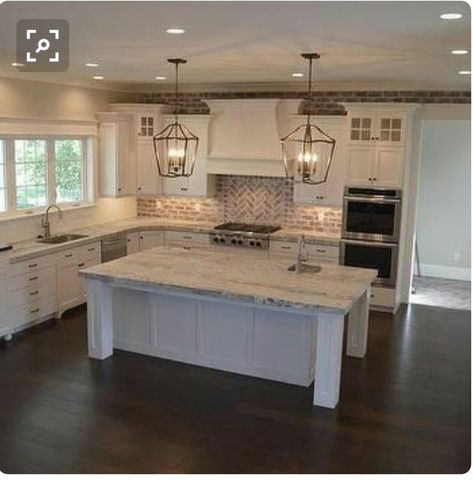 Brick Backsplash Kitchen, Kitchen Lighting Ideas, Brick Kitchen, Modern Farmhouse Kitchens, Kitchen Redo, Kitchen Remodel Idea, Farmhouse Kitchen Decor, White Cabinets, Lighting Ideas