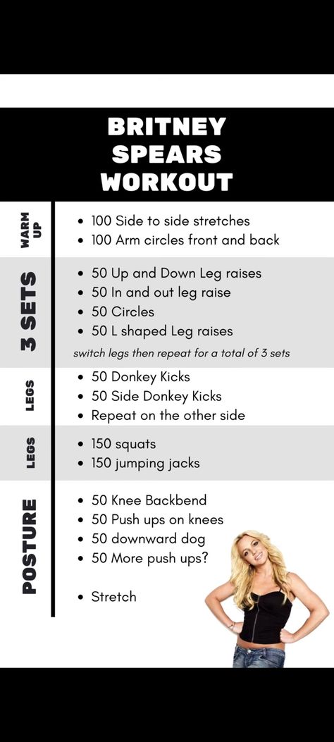 Britney Spears Workout, Britney Spears Body, Angel Workout, Posture Stretches, 50 Push Ups, Winter Arc, Arm Circles, Celebrity Workout, Downward Dog