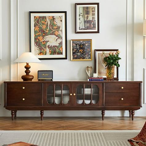 RUNTO 59.06'' W Storage Credenza | Wayfair Tv Stand Victorian House, Vintage Living Room Tv Stand, Side Cabinets Living Room, Long Credenza Living Room, Painted Cabinets Living Room, Styling Entertainment Center, Victorian Tv Stand, Tv Stand Vintage, Mahogany Decor