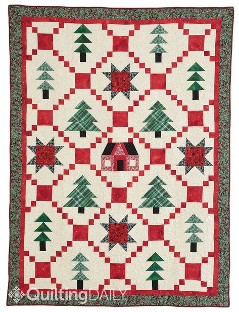 Free pattern: Path to Grandma's House - APQS Foundation Paper Piecing Tutorial, Holiday Quilt Patterns, Irish Chain Quilt Pattern, Clamshell Quilt, Quilt Pattern Free, Tree Quilt Pattern, House Quilt Patterns, Cottage Quilt, Quilt Pattern Download