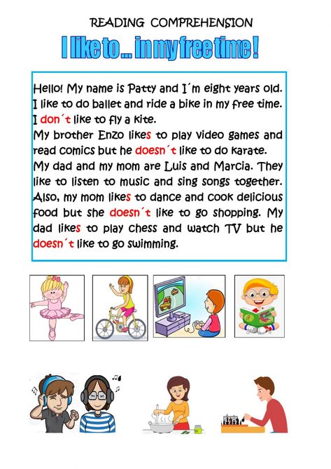 Reading comprehension online worksheet for Grade 2. You can do the exercises online or download the worksheet as pdf. Hobbies Reading Comprehension, Hobbies Worksheet For Kids, My Hobby Worksheet, Hobby Reading, English Pictures, Reading For Kids, English Primary School, 2nd Grade Reading Worksheets, Reading Comprehension For Kids