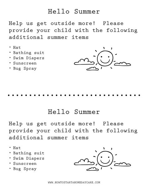 Summer Daycare Lesson Plans, Daycare Teacher Organization, Printable Daycare Activities, Infant Room Daycare Organization, Infant Printables, Home Daycare Necessities, Home Daycare Checklist, Daycare Home Ideas, Daycare Start Up