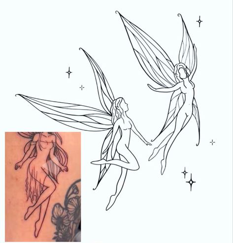 Two Fairy Tattoo Designs, Matching Fairy Tattoos, Faerie Tattoos, Naked Fairy Tattoo, Faerie Tattoo, Elf Tattoo, Maching Tattoos, Unicorn Tattoos, Fairy Tattoo Designs