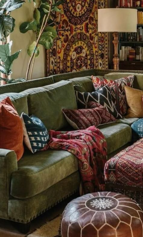 Olive Green Sofa Boho, Boho Velvet Couch, Green Suede Couch, Witchy Couch, Vintage Couch Aesthetic, Green Leather Couch Living Room, Green Vintage Couch, Emerald Green Couch Living Room Ideas, Boho Living Room Green Couch