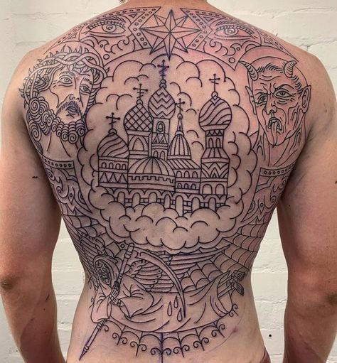 Italian Design Tattoo, Russian Back Tattoo, Russian Traditional Tattoo, Russian Tattoo Traditional, Traditional Back Piece Tattoo, American Traditional Back Piece, Traditional Back Piece, Traditional Tattoo Back Piece, Russian Tattoos