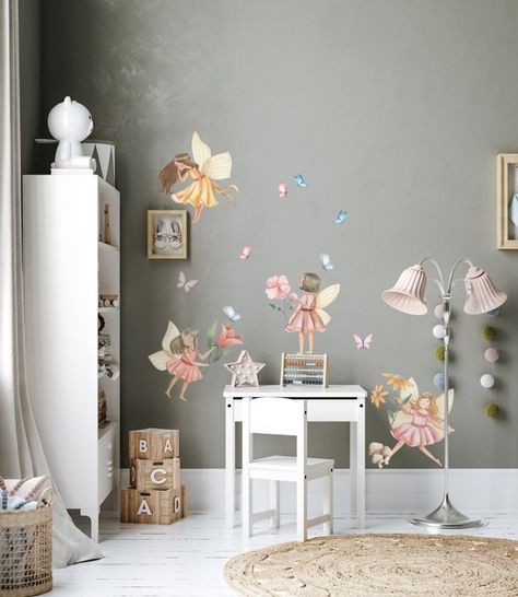 Flower Fairies and Butterflies Wall decal, Flower fairy nursery wall decal, wall stickers for kids Fairy Kids Room, Fairy Room Ideas Kids, Fairy Nursery Baby Girl, Fairy Themed Nursery, Fairy Bedroom Ideas For Kids, Fairy Theme Room, Girls Fairy Bedroom, Fairy Nursery Theme, Fairies And Butterflies