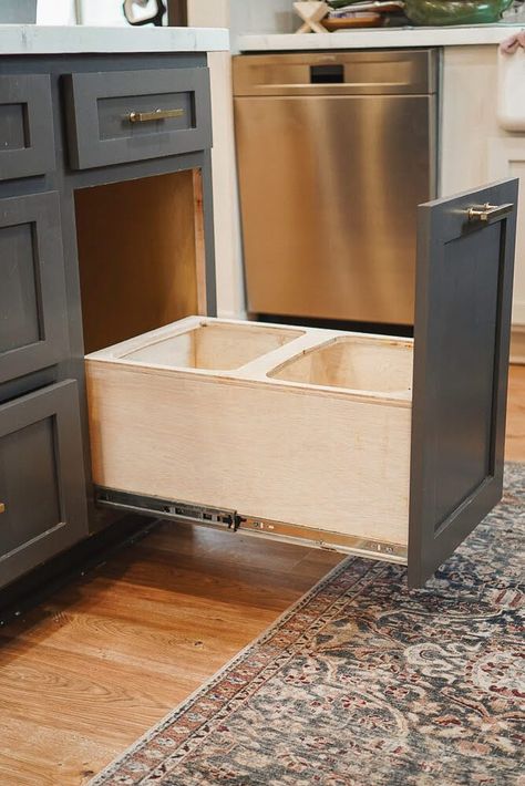 Get ready to be inspired by our life at Build Your Own Pull-Out Trash Drawer! - Crystel Montenegro Home. Discover how we transformed our kitchen and saved space with a stylish, functional, and eco-friendly trash solution. Built In Garbage Cabinet, Sliding Trash Can Cabinet Diy, Under Counter Trash Can Diy, Cabinet Trash Pullout, Diy Pull Out Drawers In Cabinets, Under Kitchen Sink Organization, Under Kitchen Sink, Trash Can Cabinet, Kitchen Sink Organization