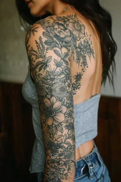 Flower Sleeve Tattoos For Women 25 One Black And White Sleeve One Color Tattoo, Flowers Arm Sleeve Tattoo, Different Flower Sleeve Tattoo, Sleeve To Back Tattoo, Different Sleeve Tattoos For Women, Forearm Flower Tattoo Women Sleeve, Women’s Floral Tattoo Sleeve, Start A Sleeve Tattoo For Women, Tattoo Sleeve Filler Flowers