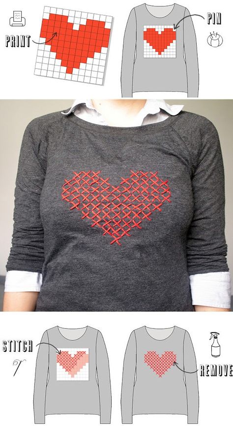 Cross Stitch On Shirt, Cross Stitch On Tshirt, Diy Jumper, Stitch Diy, Yarn Embroidery, Stitch Witchery, Diy Sweater, Stitch Sweater, Tshirt Refashion