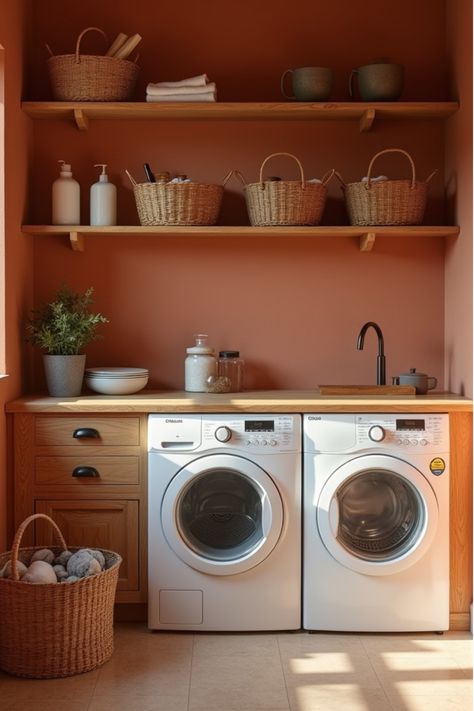 Warm terracotta laundry room with wooden shelves and woven baskets Laundry Room Ideas Yellow, Terracotta Utility Room, Bold Laundry Room Colors, Small Laundry Renovation, Artsy Laundry Room, Laundry Room Color Palette, Striped Laundry Room, Terracotta Mudroom, Terra Cotta Laundry Room