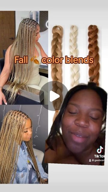 Hair Color Braids Ideas, Box Braids Color 4/27/30, Braid Colors For Light Skinned, Blond Blended Braids, Braiding Hair Color Blending, 613 And Silver Braids, Honey Blonde Boho Braids Black Women, 613 4 27 Braids, Blonde Balayage Braids Black Women