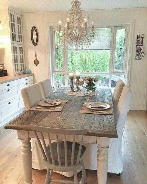 COUNTRY KITCHEN WITH THE CHANDELIER ADDED FOR A TOUCH OF GLAM French Country Dining Room Table, Modern Farmhouse Dining Room Decor, French Country Dining Room Decor, French Country Dining Room, Farmhouse Dining Rooms Decor, Modern Farmhouse Dining Room, Chic Dining Room, Farmhouse Dining Room Table, Modern Farmhouse Dining