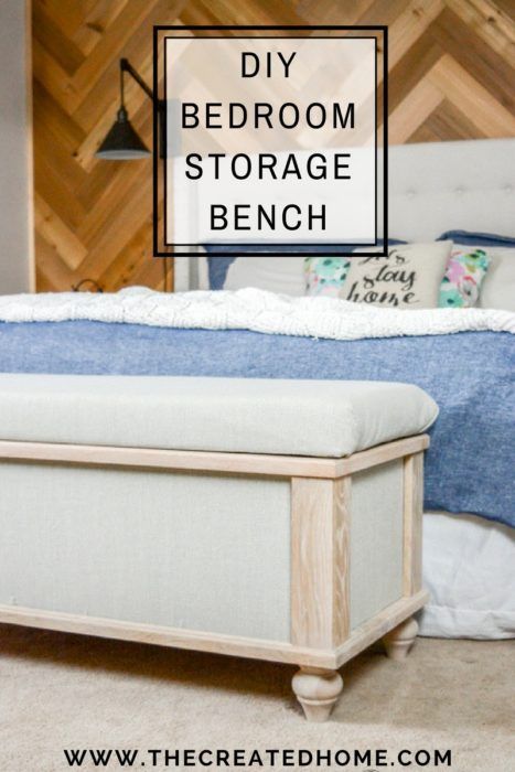 DIY Bedroom Storage Bench Tutorial~ The Created Home Diy Upholstered Storage Bench, Bedroom Storage Bench, Diy Bedroom Storage, Diy Storage Bench, Diy Seating, Storage Bench Seating, Storage Bench Bedroom, King Sized Bedroom, Bedroom Cushions