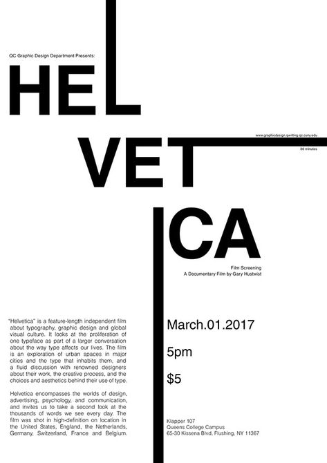 Poster Design: Helvetica Documentary Screening on Behance White Space Design Graphic, Text Posters Design, Typographic Poster Design Minimal, Mixed Typography Design, Helvetica Typography Poster, Helvetica Poster Design, Simple Poster Design Minimalism, Poster Hierarchy, Font Poster Design Typography