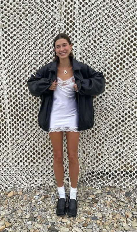 Leather Jacket Outfit Korean Style, Satin Dress With Jacket, Satin Dress Outfit, 2024 Fits, Hailey Bieber Outfits, Slip Dress Outfit, Inspo Fits, Hailey Bieber Style, Hailey Baldwin Style