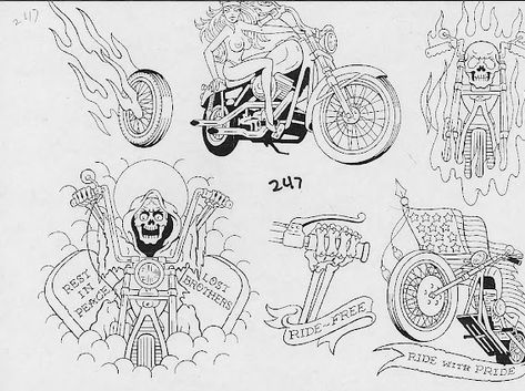 Old Biker Tattoos, Motorcycle Flash Art, Vintage Biker Tattoo Flash, Harley Davidson Flash Tattoo, Motorcycle Flash Tattoo, Old School Biker Tattoos, Biker Tattoo Flash, Traditional Biker Tattoo, Traditional Motorcycle Tattoo